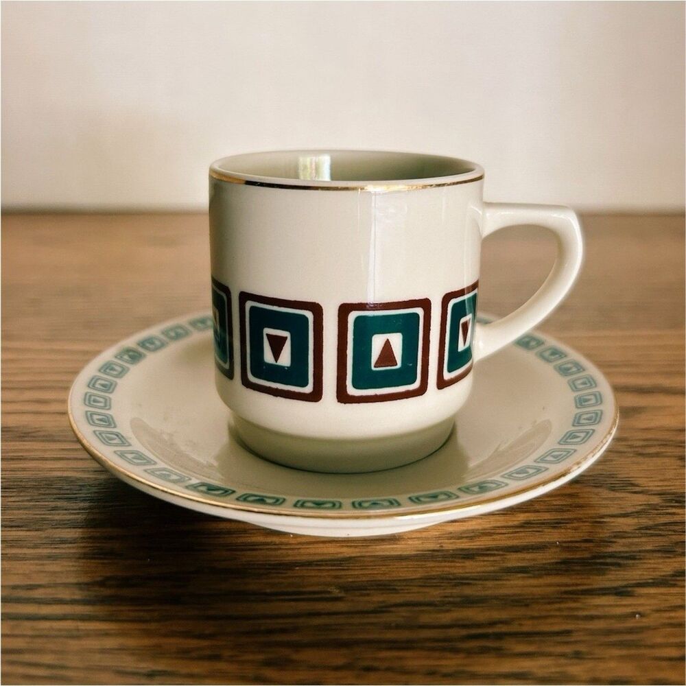 Vintage MCM Espresso Cup Saucer Set Teal Brown Geometric Gold Trim Demitasse